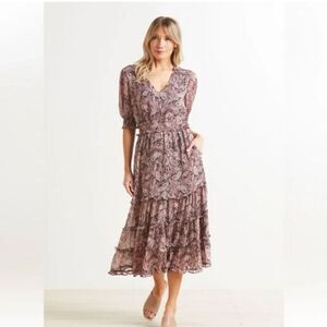 Roan + Ryan Women's Size Medium Pink Black Evereve Elsa Midi Dress Tiered